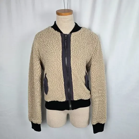 Anthropologie Marrakech Sherpa Bomber Jacket Women's S Tan Black Zip Up - Picture 1 of 14